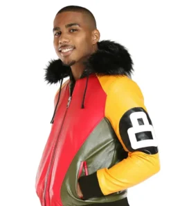 A stylish Tri Color 8 Ball Leather Jacket with a plush fur-trimmed hood and iconic red, yellow, and black leather panels.