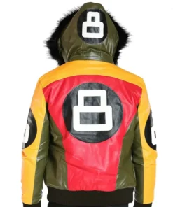 The back view of a Tri Color 8 Ball Leather Jacket showing a large white logo and a plush fur-lined hood.
