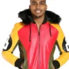 The front view of a Tri Color 8 Ball Leather Jacket featuring a plush fur hood and vibrant red, yellow, and black panels.