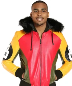 The front view of a Tri Color 8 Ball Leather Jacket featuring a plush fur hood and vibrant red, yellow, and black panels.