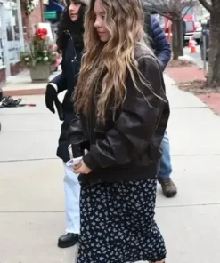 Action shot of the Sydney Sweeney black leather bomber jacket, a must-have Millie Calloway inspired piece from The Housemaid 2025 movie.