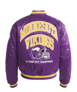 Back of a purple Minnesota Vikings satin bomber jacket with 