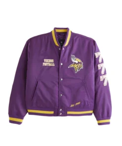 Front of a purple Minnesota Vikings satin varsity bomber jacket with 