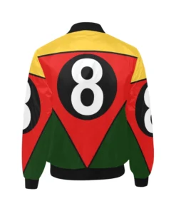 The rear view of an 8 Ball Printed Satin Bomber Jacket featuring a large oversized logo on a multi-color background.