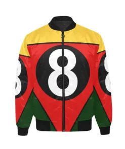 A front view of the 8 Ball Printed Satin Bomber Jacket in a multi-color design with a smooth, glossy finish.
