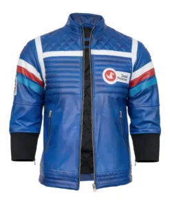 My Chemical Romance blue cosplay jacket, front view. Gerard Way Party Poison blue jacket with horizontal stripes and the Dead Pegasus patch.