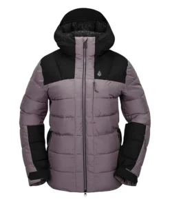 Front view of a women’s mauve and black hooded puffer jacket with a full zipper and quilted insulation.