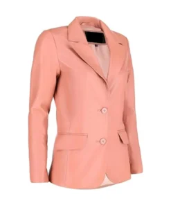 Side angle of Pink Leather Blazer with notch lapel and two-button front.