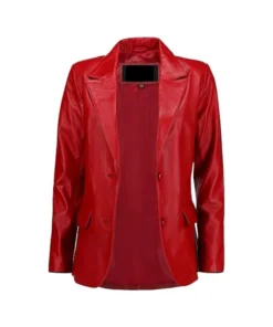 Front open view of a red leather blazer with notch lapel and smooth lining.