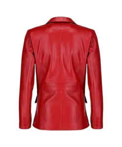 Back view of a red leather blazer with fitted seams and long sleeves.
