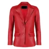 Front view of red leather blazer with two buttons and flap pockets.