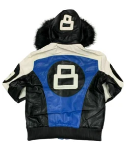 The back view of a robert phillipe 8 ball jacket showing a large white logo and a plush fur-trimmed hood.