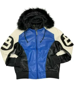 The front view of a robert phillipe 8 ball jacket in electric blue with a plush fur hood and white graphics.