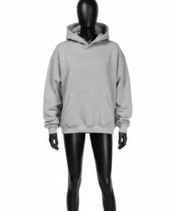 Front view of a Rue Porter heather grey heavyweight hoodie on a mannequin. This rue porter french terry hoodie is a minimalist and unisex pullover hoodie option.