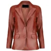 Front view of tan leather blazer with notch lapels, two-button closure, and flap pockets