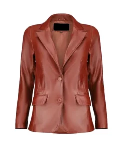 Front view of tan leather blazer with notch lapels, two-button closure, and flap pockets