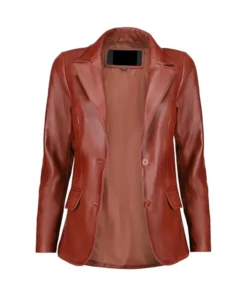 Front open tan leather blazer showing inner lining, notch lapels, and flap pockets