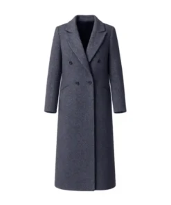 Front view of the Alexandra Breckenridge My Secret Santa Grey Wool Coat, a double-breasted long jacket with sharp lapels and a sophisticated grey wool finish.