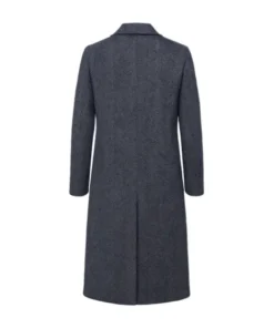 Back view of the Alexandra Breckenridge My Secret Santa Grey Wool Coat featuring a sleek herringbone pattern, tailored fit, and a classic central back vent.