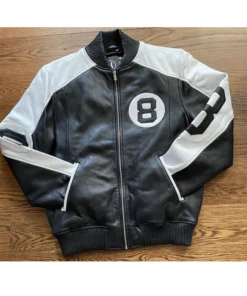 A sleek 8 Ball Bomber Jacket in black leather with stark white circular graphics and trim.