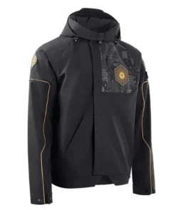 Angled front view of the The Final Shape Salvation’s Edge Jacket on a white background. Destiny 2 Raid Jacket.