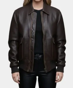 Front view of the The Housemaid Sydney Sweeney bomber jacket, featuring a sturdy zipper and flap pockets for a timeless leather look.