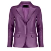 Front view of Purple Leather Blazer with two buttons and notch lapel.