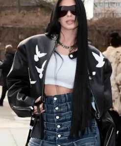 Side view of the 2026 Camilla Araujo leather jacket from PFW, offered by America Jackets.