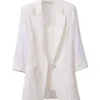 Elegant white blazer for woman featuring a lightweight textured fabric, 3/4 sleeve blazer women design, and a single-button front for a stylish women white blazer look.