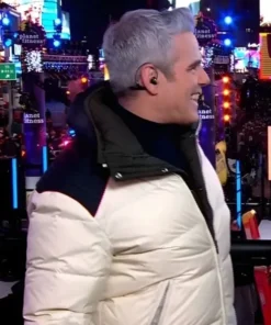 Andy Cohen New Year jacket look with a quilted puffer design, zip front, and sleek winter fit