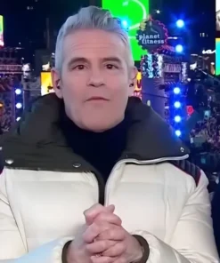 Slim-fit reversible quilted shell down jacket in white and navy, inspired by Andy Cohen’s New Year outfit