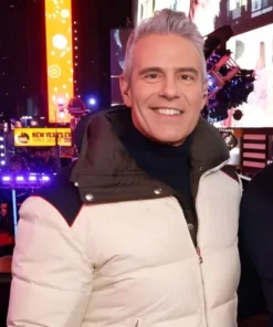 Reversible quilted shell down jacket in white and navy with slim-fit look, inspired by Andy Cohen New Year style