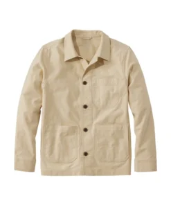 Front view of a beige lightweight cotton jacket for men featuring a button-down design and utility pockets, a stylish lightweight cotton jacket for men.