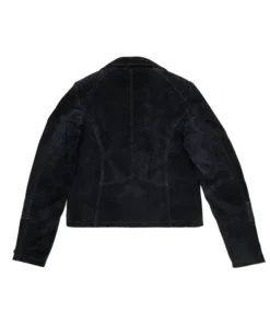 The back of a navy blue moto jacket featuring quilted shoulder details. A high-quality suede biker jacket will love for its tailored fit.