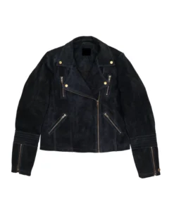 Front view of a navy blue moto jacket in premium suede. This stylish men & women blue suede jacket features a classic asymmetrical zipper and brass snaps.