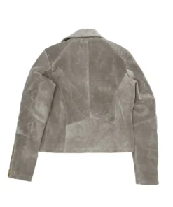 Rear view of a men & Women grey suede jacket showcasing a tailored fit with detailed quilted shoulder padding and zippered cuffs for a classic biker look.