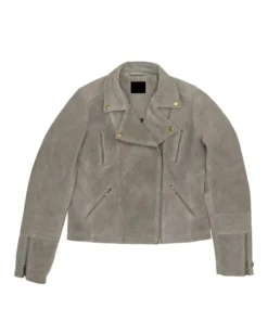 Front view of a premium grey suede moto jacket for women & men featuring an asymmetrical zip, notched lapels, and multiple functional zippered pockets.