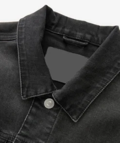 Close-up of the pointed collar on a black jeans black jacket, highlighting the authentic texture of this versatile black denim style jacket.