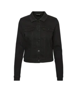 Front view of a classic black denim jean jacket featuring a button-down closure and chest pockets, a stylish black denim jacket for mens fashion.