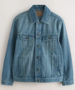 A classic blue denim jacket for men & women in a timeless jean jacket blue wash, featuring a button-down front and dual chest pockets for style.