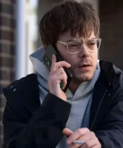 Charlie Heaton Industry Jacket featuring a premium charcoal wool finish and a high-status tailored silhouette for a sharp cinematic profile.