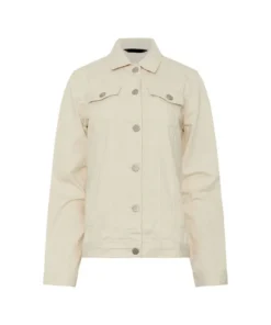A stylish Women Cream Denim Jacket featuring a classic collar, button-down front, and chest pockets. This versatile Cream Denim Jacket is perfect for layering.