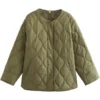 Front view of a Crew Neck Womens Quilted Green Jacket in olive green, featuring a snap-button closure, side pockets, and a stylish onion-quilt pattern.