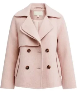 Front view of the Dana Matheson Home and Away 2026 navy peacoat available at America Jackets.