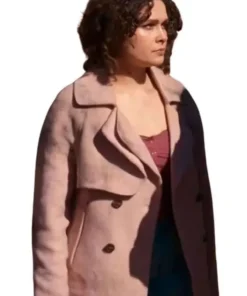 Close-up of the fabric and buttons on the Dana Matheson Home and Away 2026 peacoat from America Jackets.