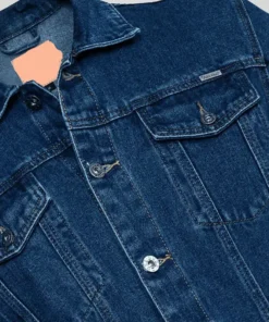 Close-up of a Dark Blue Denim Jacket showing high-quality stitching, metallic buttons, and the durable fabric of this stylish Dark Blue jeans jacket.