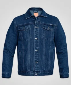 Front view of a classic Dark Blue Denim Jacket for Men & Women featuring a button-down closure and chest pockets in a premium dark blue denim style.