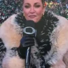 Erin Andrews black and smoke gradient mix fur coat with plush finish, oversized fit, and bold winter look