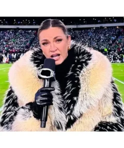 Erin Andrews viral fur coat 2026 NFL playoff statement jacket look with plush oversized design and bold warmth