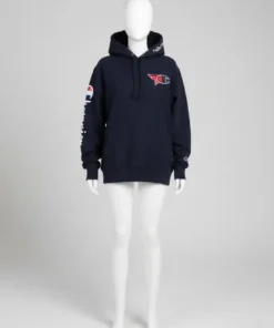 A full-size white mannequin wearing a faze champion hoodie in navy blue, showcasing the athletic fit, hood detail, and collaborative logos.